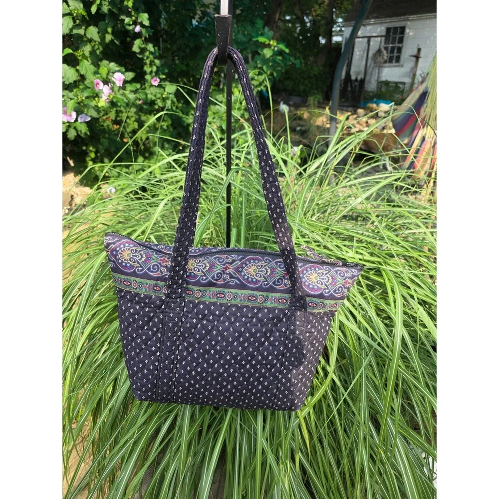 Vera Bradley Provencal Quilted Cotton Zip Top Tote Bag Navy Paisley Shoulder Bag